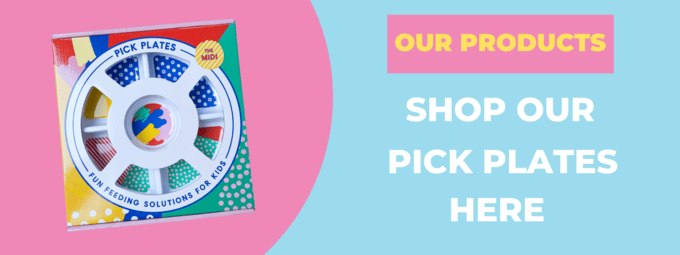 Pick Plates Product Link page showing an image of a colourful divided plate for kids.