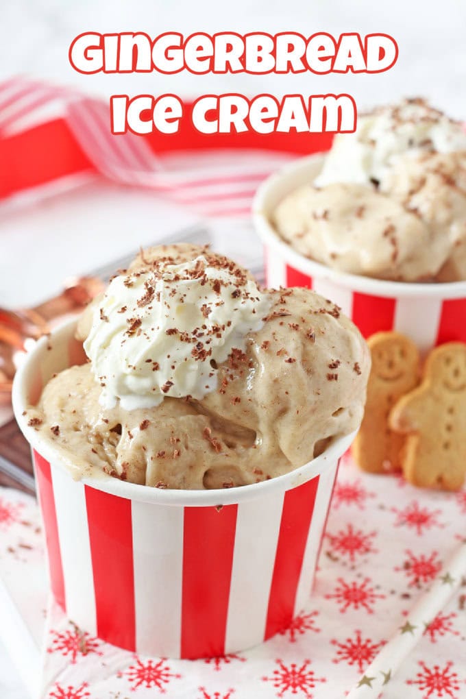 Gingerbread Ice Cream served in a small red and white striped tub with grated milk chocolate on top and two mini gingerbread men.